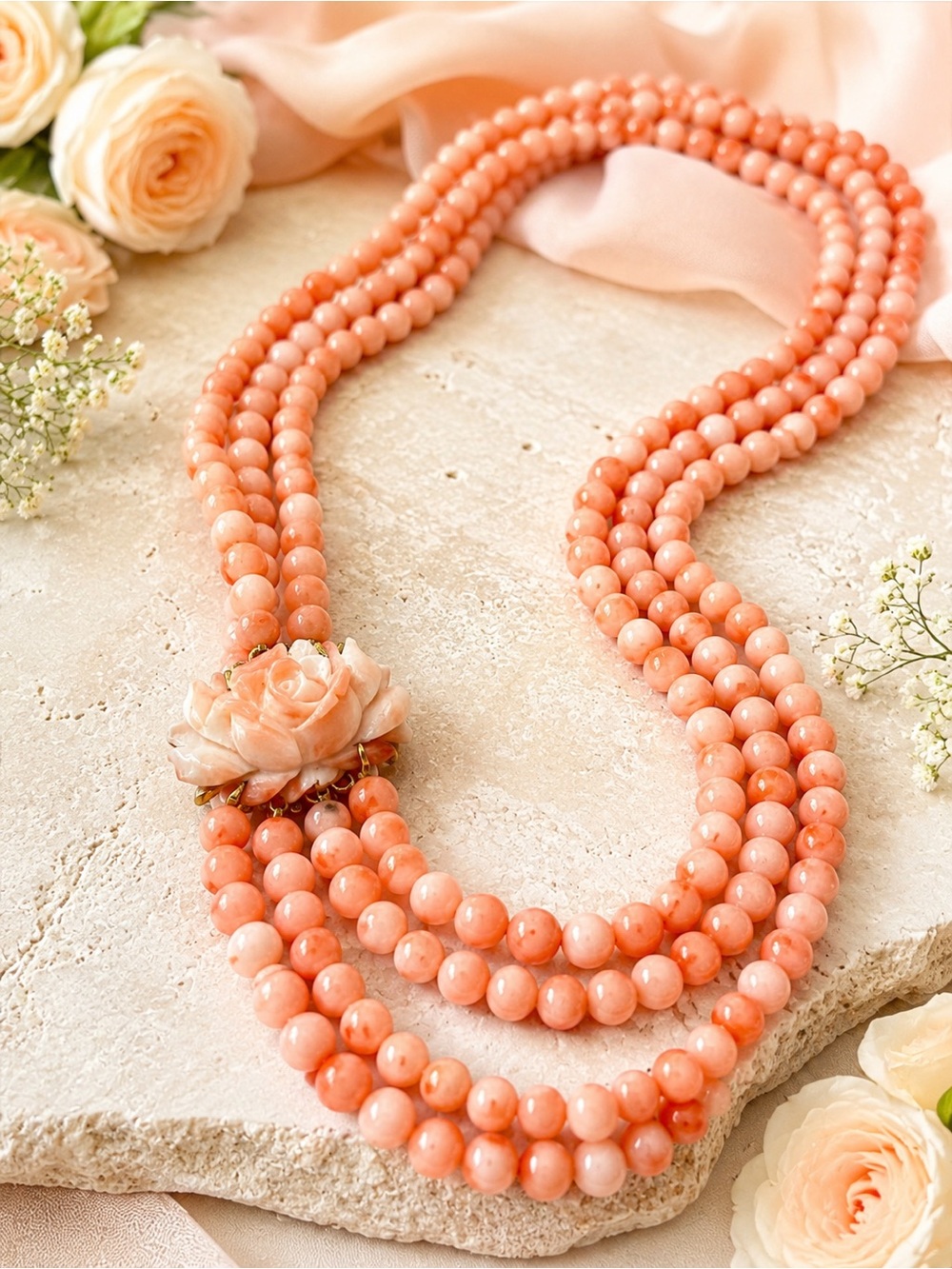 Vintage Triple Strand Angel Skin Coral Carved Rose Necklace 27” 71g Elegant Luxe